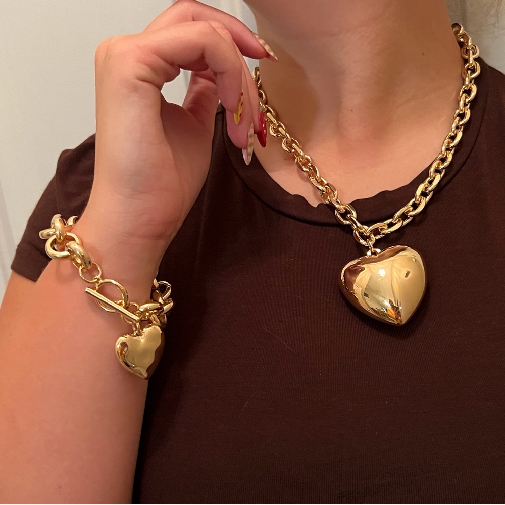 Gold Heart Pendant Chain Necklace and Bracelet Set, Puffed Hearts,